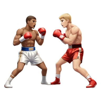 Two professional boxers in the ring fighting for the world championship title. One delivers a powerful straight punch to the head, while the other skillfully dodges. The background shows a brightly lit boxing arena with a roaring crowd. Transparent background sticker