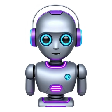 chatbot robot in gray color, with neon glow lines, blue neon glow on top left, purple neon glow on bottom right sticker