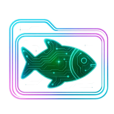 Transform the Greenfish logo into a cyberpunk, holographic style with glowing neon blue and pink edges, circuit patterns throughout the entire icon, and a transparent background. Keep the fish green and maintain the recognizable fish shape, overlaying neon and circuit effects in a futuristic, clean cyberpunk style with consistent glow and intricate circuit details. sticker
