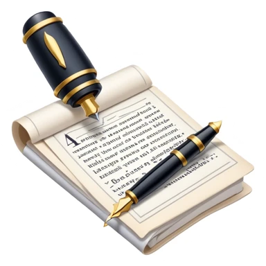 Create an emoji representing journalism and publicistic writing. The design should feature an open newspaper or a stack of articles with visible text columns, symbolizing opinion pieces and analysis. A classic fountain pen or ballpoint pen should be placed near the papers, indicating the act of writing. Optionally, include a small microphone or a press badge to emphasize investigative and journalistic aspects. Use neutral and professional colors like black, white, and muted blue or red. Do not include any emojis or smiley faces. Make the background transparent. sticker