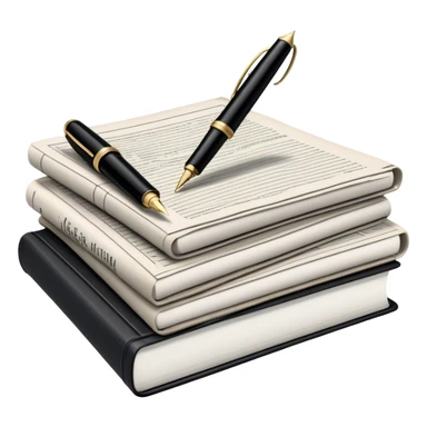Create an emoji representing journalism and publicistic writing. The design should feature a stack of newspapers, an open notebook, and a single classic fountain pen placed on top of the notebook, symbolizing the act of writing. The scene should convey a sense of professionalism and thoughtful analysis. Use a neutral and professional color palette, with black, white, and muted tones. Do not include any emojis or smiley faces. Make the background transparent. sticker