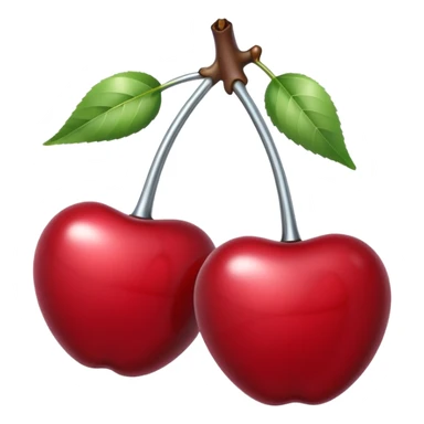 A pair of cherries emoji made of polished silver chrome, smooth rounded shapes, glossy metallic finish, soft highlights and reflections, cute proportions, iOS emoji style, centered, clean white background, no text sticker