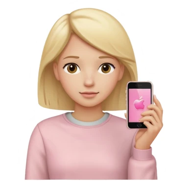 close up of a pastel pink iPhone held to the ear, blonde hair, beige clothes, iOS Apple emoji style sticker