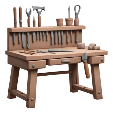 Cinematic Realistic image of a workbench set with a lump of pliable clay and artisanal sculpting tools, rendered with finely detailed textures that reveal subtle clay particles and well-worn tool surfaces, bathed in warm, focused studio lighting sticker