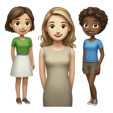 Three girls friends white skin, one of them with light brown hair and green eyes, another with dark brown hair and brown eyes and another with light brown hair and blue eyes, talking and laughing  sticker