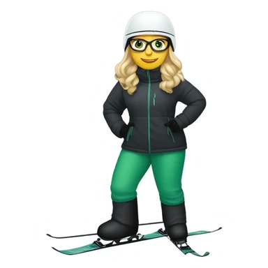 Green-eyed, fat female skier with long straight blonde hair, glasses, white ski helmet, grey snow jacket, long black pants, black only snow boots standing tall. sticker