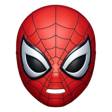 3D emoji of Spider-Man's face, with red mask, black webbing pattern, and large white eyes in glossy emoji style." sticker
