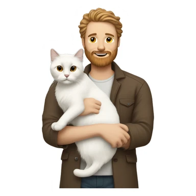 White men with brown beard holding white ragdoll cat sticker