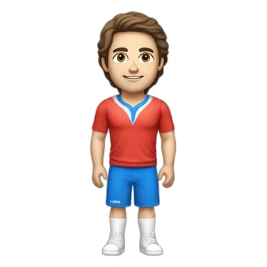 retro 70s blue and red gym clothes for a modern white brunette uni male student with glass sticker