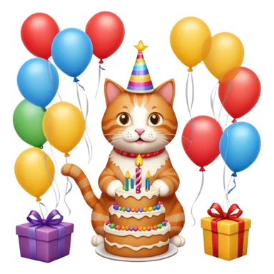 Ginger cat celebrates birthday, birthday hat, birthday cake, balloons, happy, gifts sticker