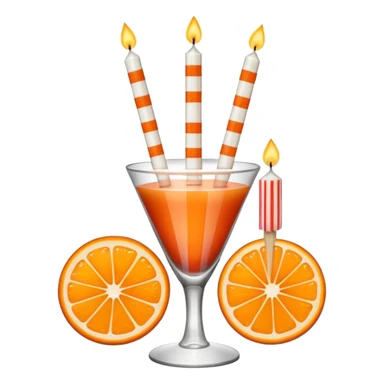 An orange with a horizontal red stripe around the middle. 4 vertical cocktail sticks in the orange with small pieces of candy on the sticks. On top of the orange a small white lit candle. The orange should be a piece of fruit not a drink.  sticker