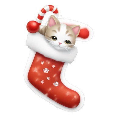light red stocking with snowflakes on it and a small white cat poking out of the stocking and a candy cane beside the cat sticker