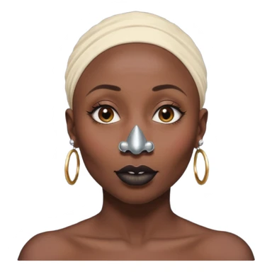 Grown black (proud) woman, bald with a perfect head, a prominent nose with a septum piercing, many piercings on her ears, a gap between her front teeth and very long nails (cynthia erivo) sticker