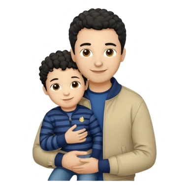 A father with short curly black hair and a friendly smile, dressed in a navy blue T-shirt and a beige jacket. He carries his child with soft straight dark hair wearing a tiny striped sweater. Bright, natural, heartwarming scene. sticker