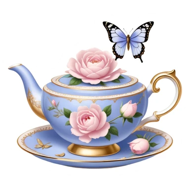 A luxurious Victorian tea set with gold accents, featuring a porcelain teacup filled with herbal tea, surrounded by scattered blush pink rose petals and white peony blossoms, with a periwinkle-tinted pearl butterfly perched on the rim. sticker