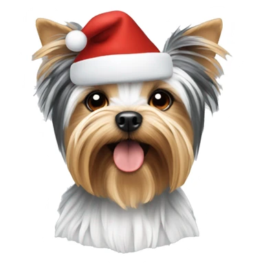 White and black Yorkshire terrier with a Christmas hat sticker