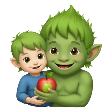 green troll gently holding a happy toddler, apple emoji style sticker