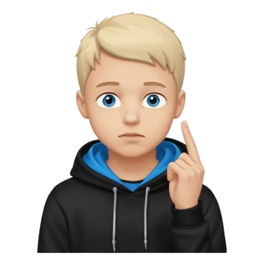 man in black hoodie in thinking pose, blue eyes, right hand raised, index finger touching his chin, eyes looking up to the top right sticker
