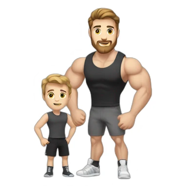 Full height Actively gesturing with hands Pale skinned fit man With the biceps and brown hair In dark gray sleeveless mike, black oversize sports shorts, watch and white sneakers sticker