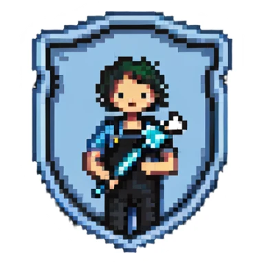 Shield-shaped badge with pixel art person holding car wrench key, colorful IT support design sticker