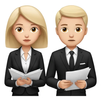 man in formal suit talking to woman in formal suit, they sit, papers in hands sticker