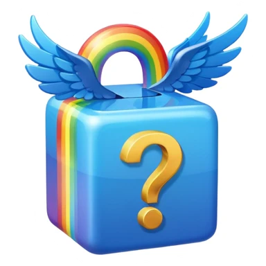 Blue cube with blue wings and has a rainbow question mark sticker