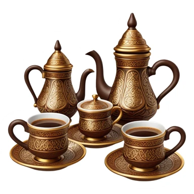 Turkish Coffee Set – Cinematic Realistic Turkish Coffee Set, depicted as an elegantly arranged ensemble of ornate coffee cups and a traditional cezve pot, adorned with intricate patterns and rich, warm colors, rendered with detailed textures and soft ambient lighting that captures its cultural heritage. sticker