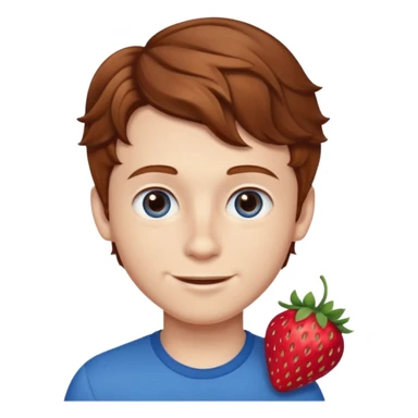 Please generate a portrait of a boy. He has wavy, light brown to reddish-brown hair, a right side parting, slightly longer sideburns, blue eyes, a snub nose, and a rather pronounced, strawberry-red pout. He is smiling. sticker