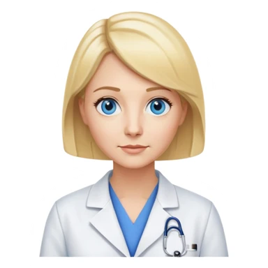 Mrs. Maria, math and artificial intelligence teacher, no glasses, thin nose, blonde eyebrows, blonde bob hair, blue eyes, wearing a lab coat sticker