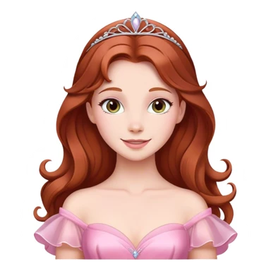 Cinematic Radiant Sleeping Beauty Portrait Emoji, rendered in a realistic, vector style with clean proportions. Show Aurora with a gentle smile, porcelain skin, and beautifully styled auburn hair, wearing her classic pink gown. The image glows with a soft, inviting radiance and high shine, accentuated by a soft glowing outline that enhances her graceful charm. sticker