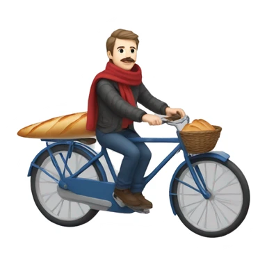 white parisian white man with a white with brown hair a moustache shirt with blue stripes, on a bike, wearing a red scarf and holding a baguette sticker