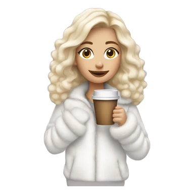 blonde girl wearing white fluffy jacket and a coffee to go in hand all dress white sticker