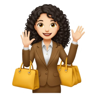 medium deep tan brown business woman with long black curly hair, waving hand with happy face with smile mouth and carrying bag on her shoulder and the other hand holding yellow tumblr sticker