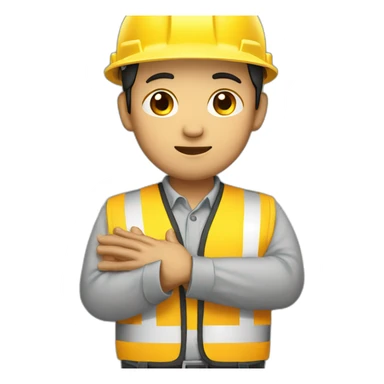 asian construction worker with hands together held in prayer and yellow hard hat sticker