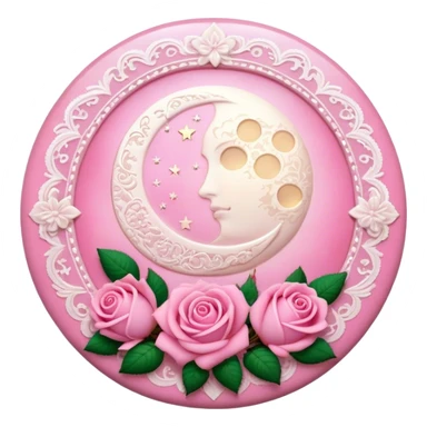 A round pink button with light cream damask lace, a full moon and stars and pink roses sticker