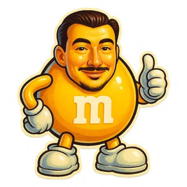 Create a yellow M&M candy character with the face from the reference photo, keeping the style playful and cartoonish. sticker