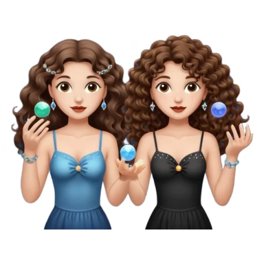 moon juggling — long wavy brown hair tattooed woman and short tight curly brown hair woman — tiny moons and crystals sticker