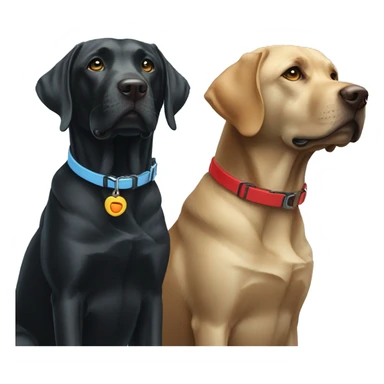 black-coloured labrador on the left with red collar, black-coloured labrador on the right with light blue collar. sticker