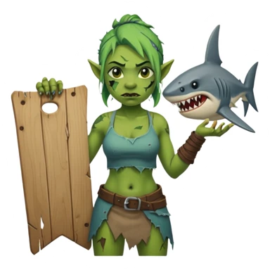 orc female holds a board with a shark painted vertically in his hands sticker