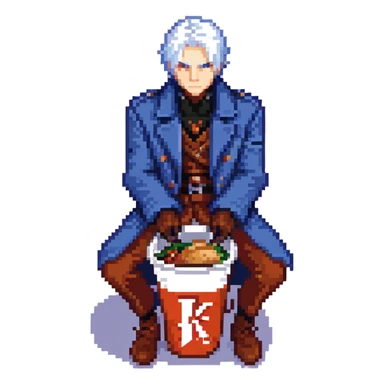 Vergil from Devil May Cry sitting in a KFC bucket, blue coat, white hair, katana sticker