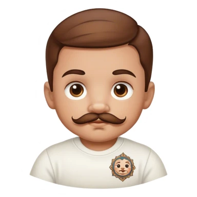 Baby with brown hair and a mustache. He has tattoo sticker