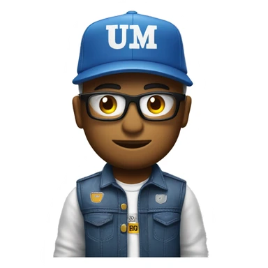 Um boneco com um boné azul escrito mega diesel e uma camisa escrita mega diesel sticker