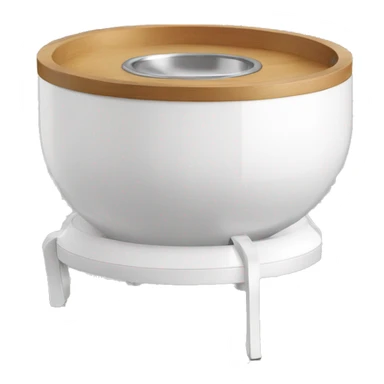 A modern, white manual pet feeder with wooden legs, a metal bowl at the bottom, a transparent front window, and a top lever for dispensing food. sticker