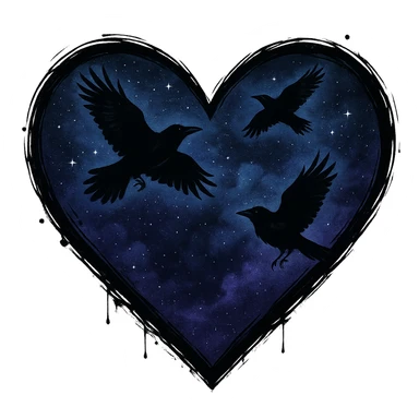 emo heart with night sky and dark ravens, remove background sticker