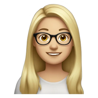 A chubby white young woman with black long hair glasses and smiling sticker