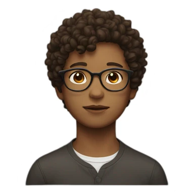 head of a boy with brown curly short hair and white glasses with a dark cat sticker