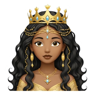 a black beautiful angel with gold pattern on her face and and long wavy black hair, she wears a ethereal crown with sparkling strings and a beautiful sparkling golden gown with moon crest in the middle of the gown, her face calm, gentle and kind, magical aura around her sticker