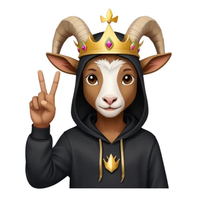 Goat with horns wearing black hoodie and a royal crown do the peace sign sticker