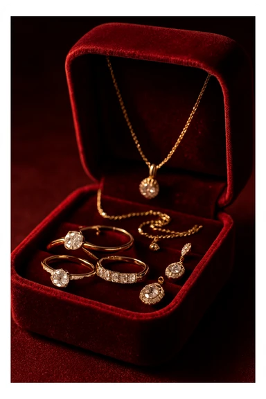 a luxurious dark red velvet jewelry box with shiny jewelry inside sticker