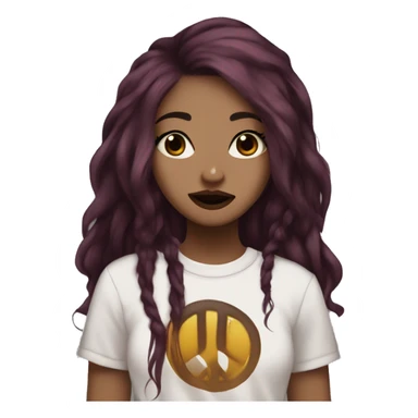 Beautiful girl with long dark maroon hair and a septum piercing, hazel colors eyes, wearing an emo shirt, making a peace sign and winking sticker